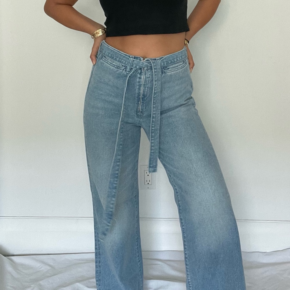 Denim wide leg pants with removable tie